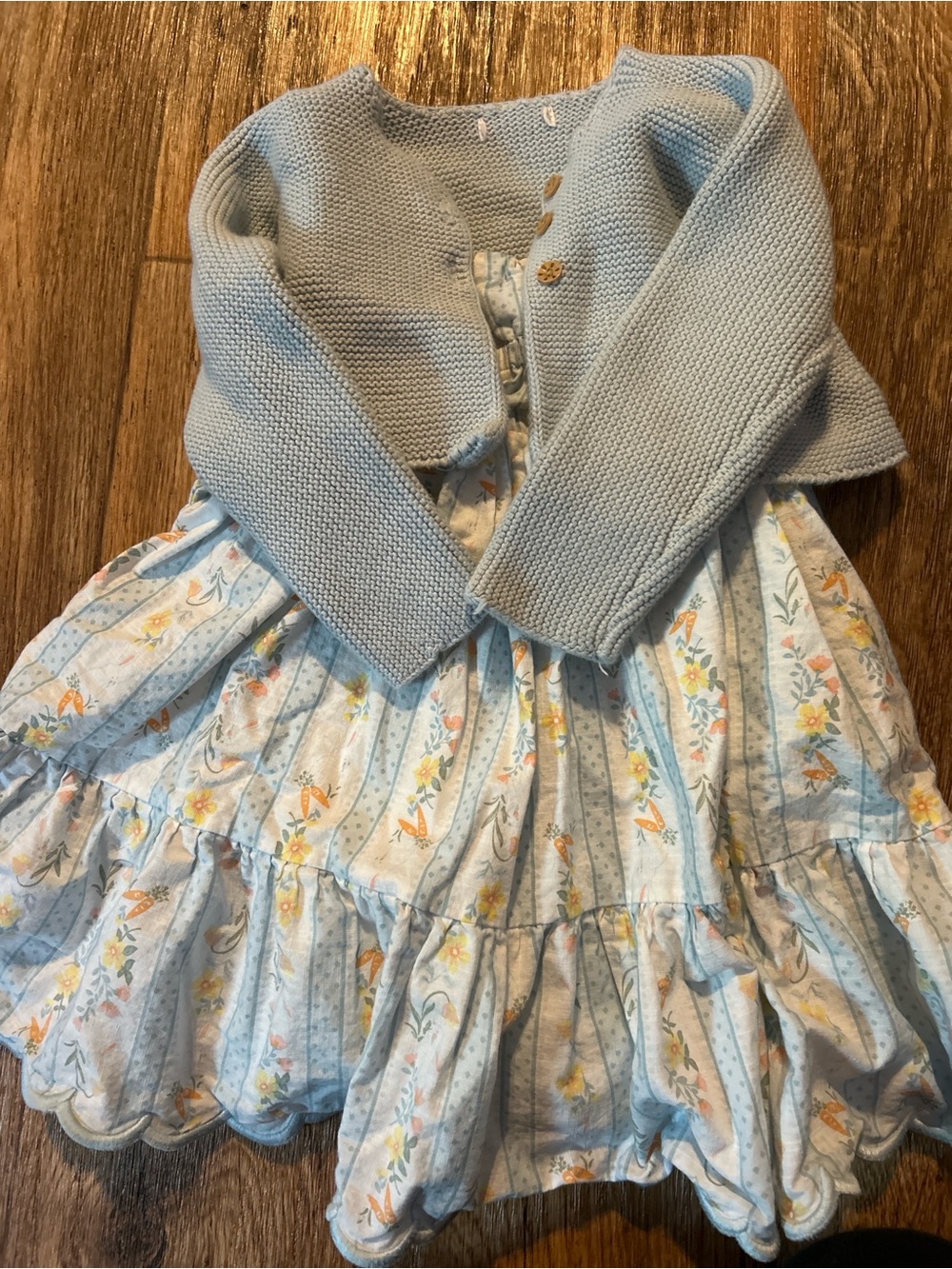 Light Blue Floral Tiered Dress with Knit Cardigan